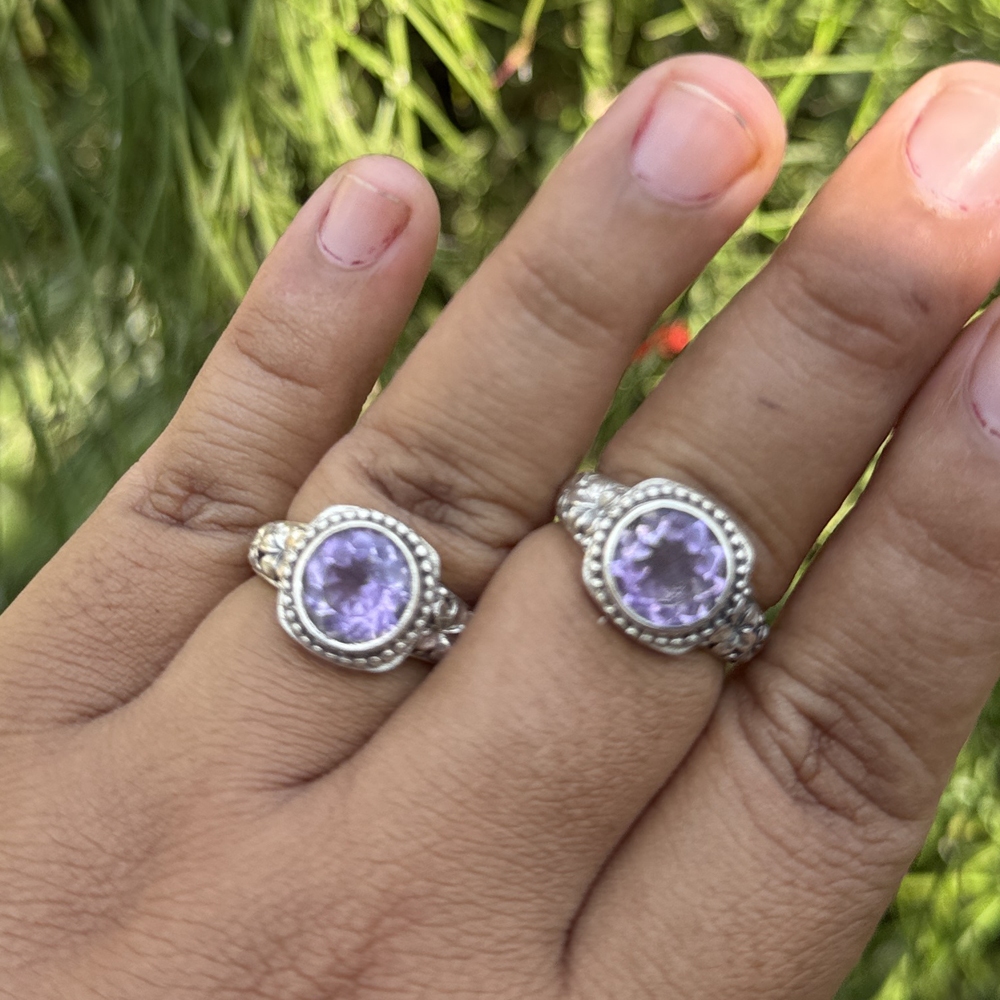 Cincin Ring Perak Silver Bali Asli 925 Ukir Jepun Kamboja Batu Akik Ungu Amethyst Bulat Wanita Pria