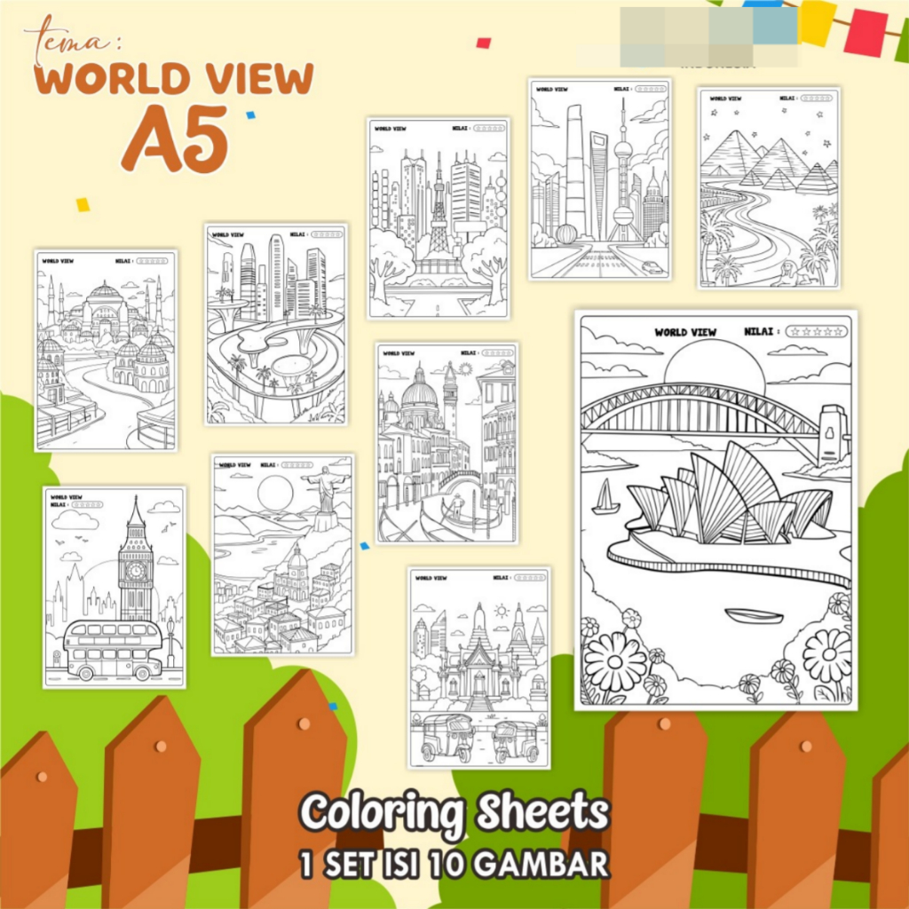 

KERTAS GAMBAR MEWARNAI TEMA WORLD VIEW - LEMBAR COLORING SHEETS FOR KIDS ISI 10 LEMBAR [A5] READY