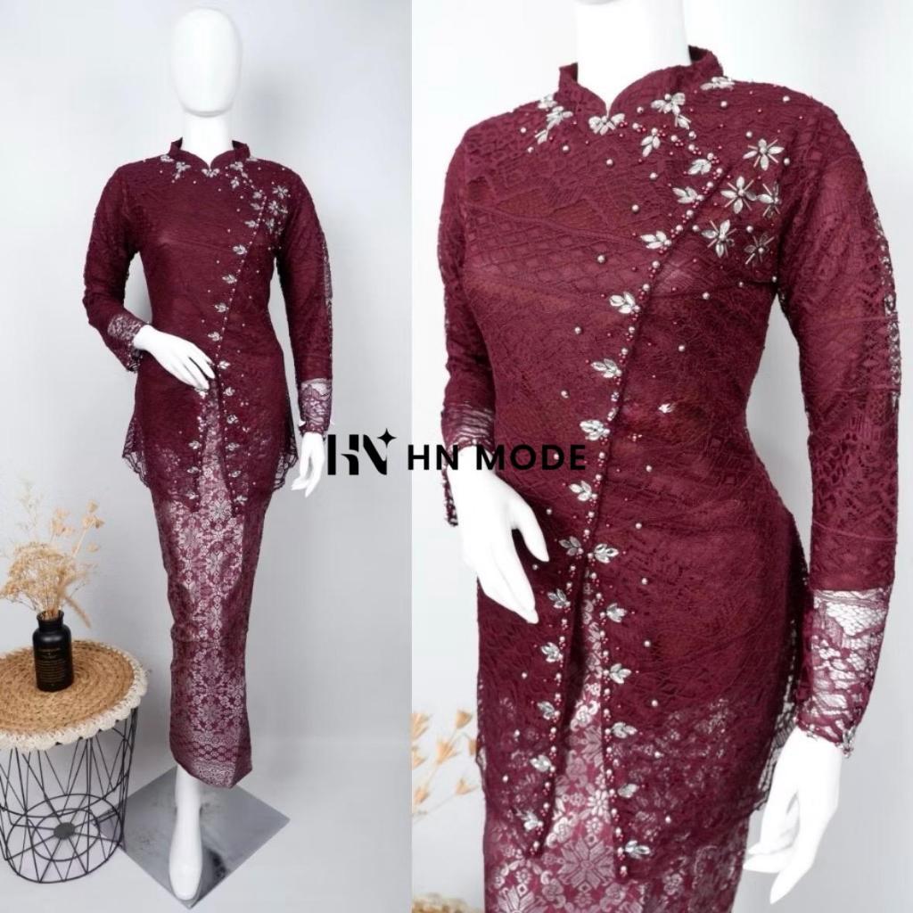 Naily kebaya - Setelan kebaya janggan brokat dengan payet exclusiv mix rok songket, baju kondangan m