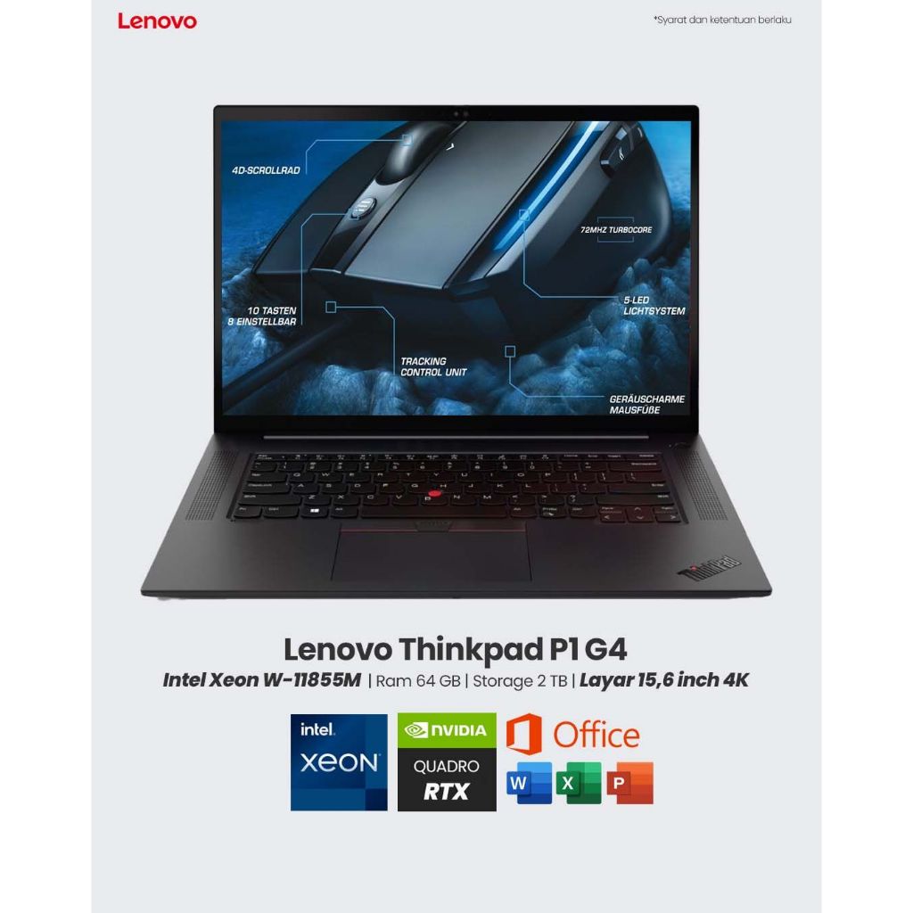 Laptop Workstation Lenovo Thinkpad P1 Gen 4 Intel Xeon W-11855M Ram 64 GB SSD 3 TB GPU Nvidia Quadro