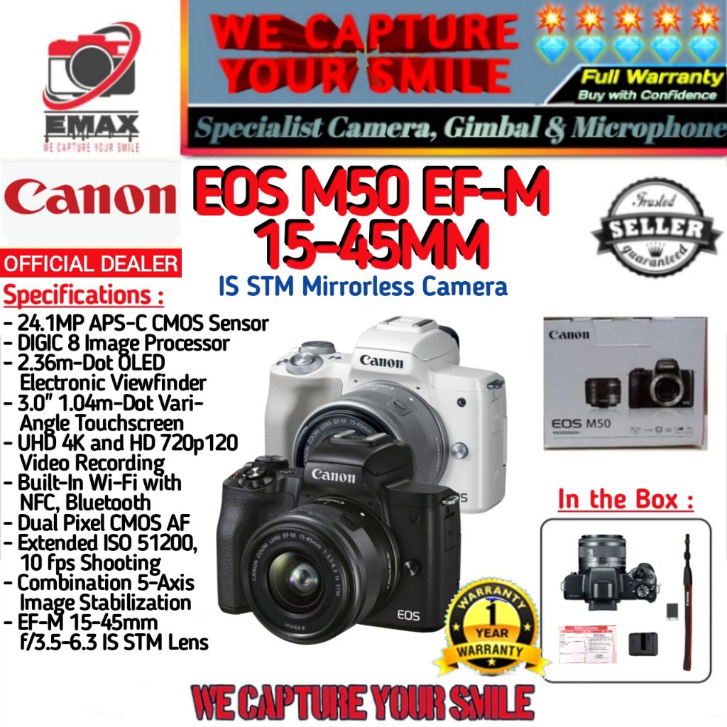 Canon EOS M50 Kit EF-M 15-45mm f/3.5-6.3 IS STM Lens Camera Canon Eos M50 Lensa 15-45 mm Kamera Mirr