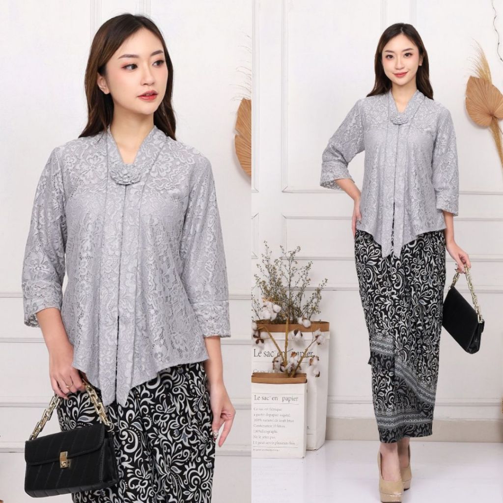 Setelan Kebaya Floy Brokat Grey /Kebaya Brokat Lengan 7/8/Kebaya Kutubaru Brokat Floy Wanita