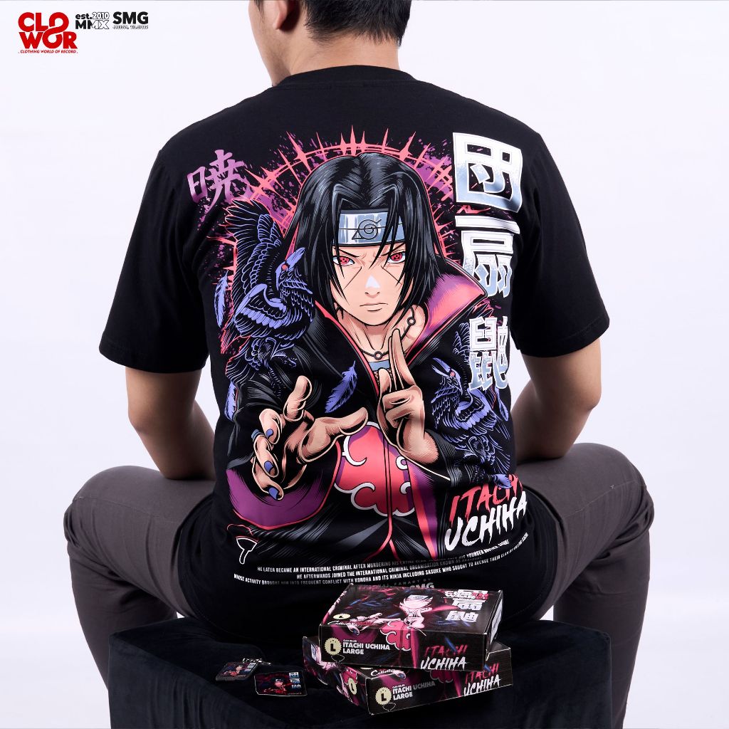 Kaos Pria Distro Original 100% CLOWOR Uchiha Itachi Akatsuki Mangekyo Sharingan Anime Naruto Shippud