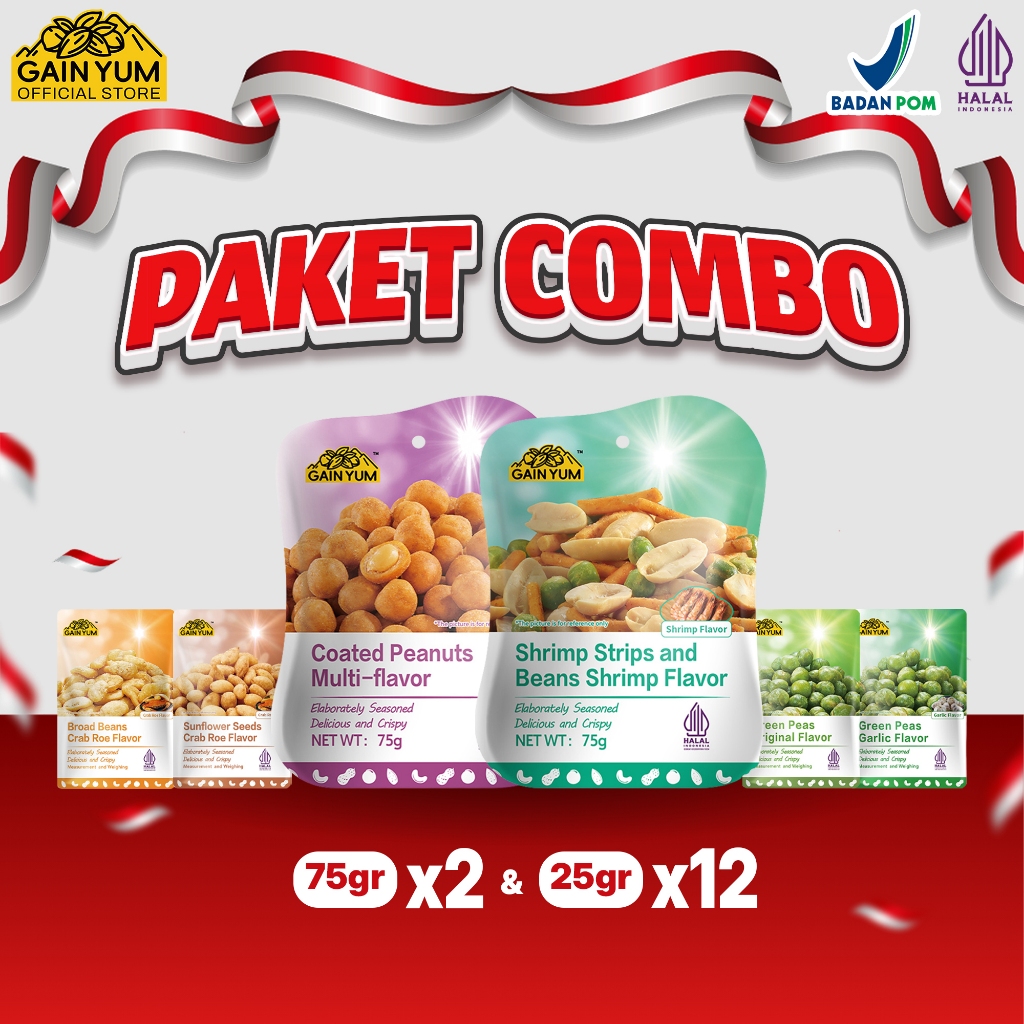

Gain Yum - [ PAKET COMBO ] Bundling Kacang Polong Kuaci Kupas Coated Peanut dan Shrimp Strips 75g