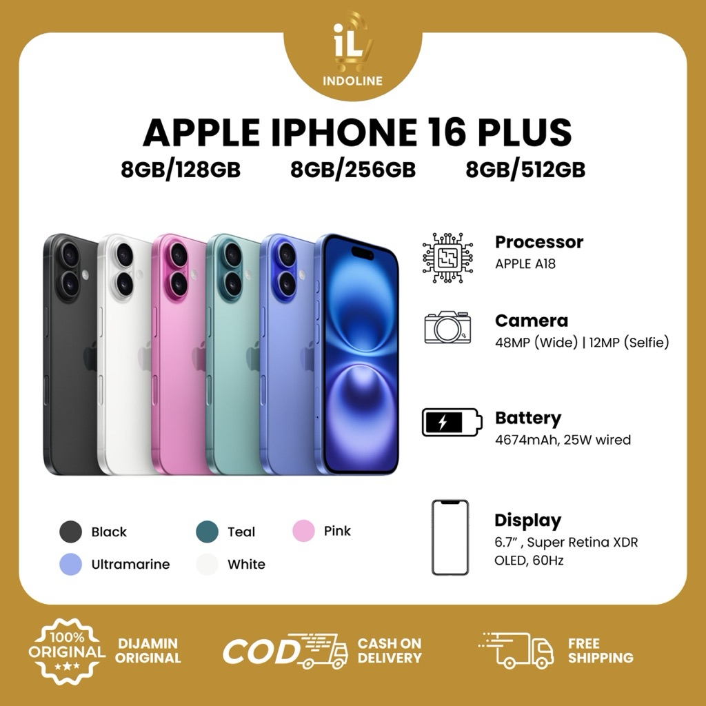 APPLE IPHONE 16 PLUS 8/128GB OR 8/256GB OR 8/512GB ORIGINAL GARANSI RESMI
