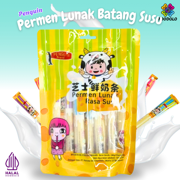 

Permen Susu Batang Rasa Keju Cemilan Lunak Stik Manis Pouch Isi 20 / 240 Gram Penguin Halal BPOM