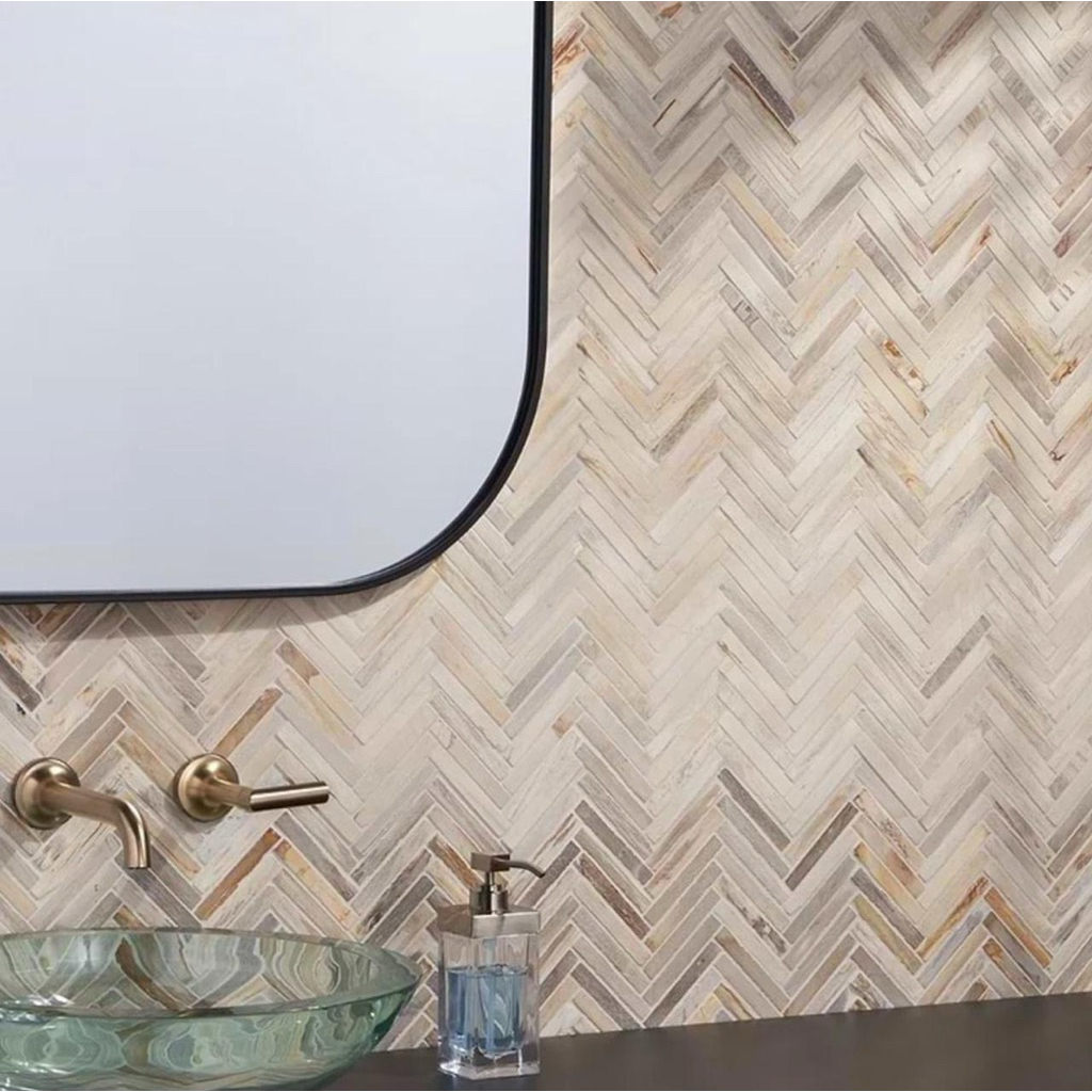 Petrified Fossil Wood Small Chevron Arrow Marble Mosaic TopPebbleTile Floor Wall Tile