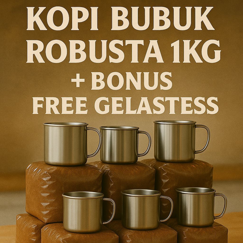 

Kopi Bubuk Robusta 1kg + Bonus Gelas Stainless | Kopi Hitam Kuat & Wangi Murah