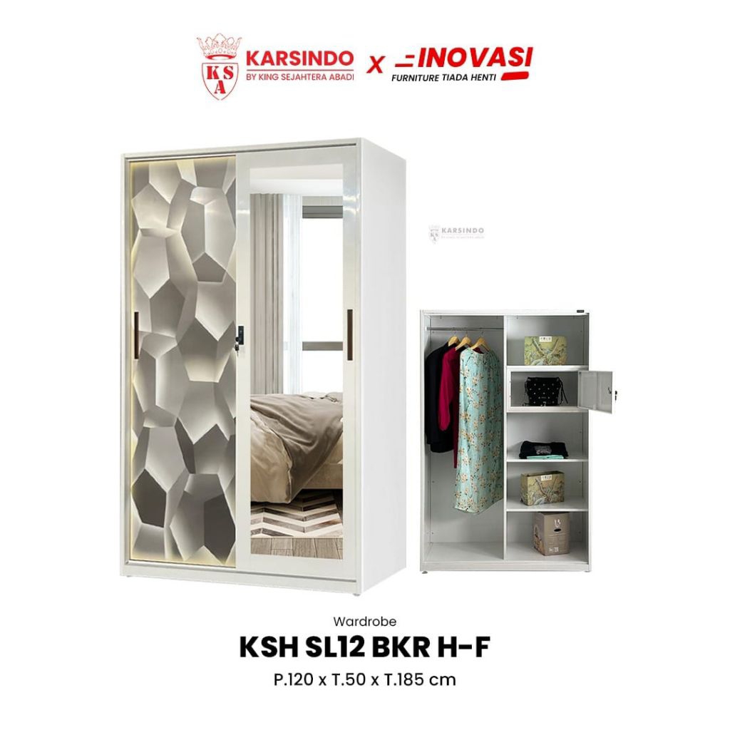 Lemari Pakaian Plat Besi Import 3 Pintu Sliding Gamis Gantungan Tinggi SL12 BKR