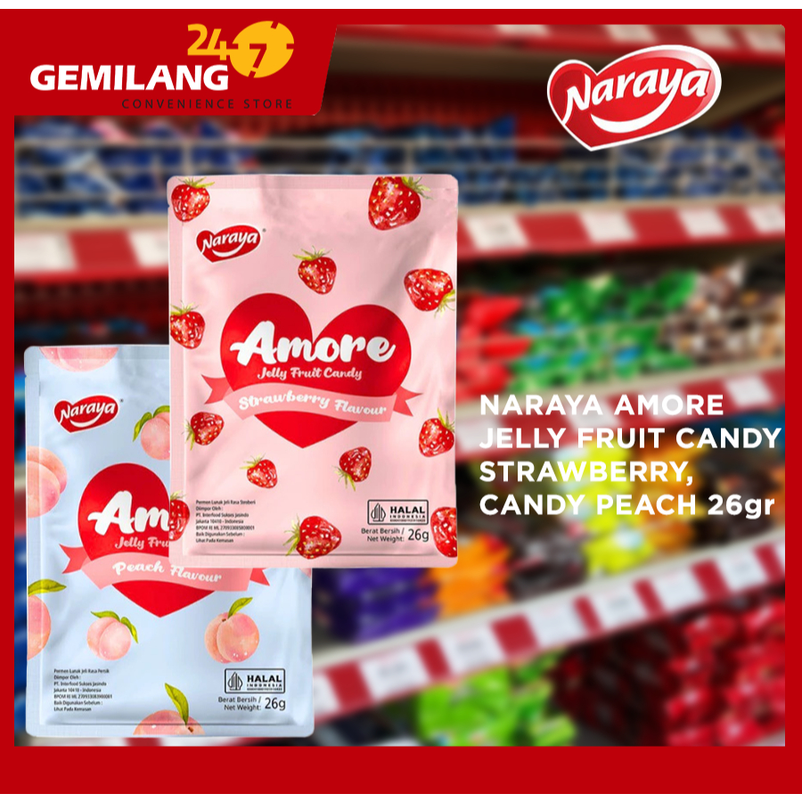 

NARAYA AMORE JELLY FRUIT CANDY STRAWBERRY, CANDY PEACH 26gr