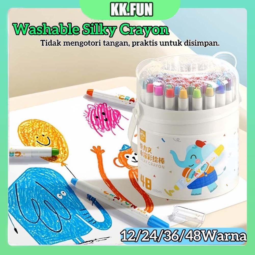 

[ COD✅Ready ] Washable Silky Crayon 12 / 24 / 36 / 48 Warna Colorful Bucket Krayon Mewarnai Alat Warna Set Anak Wipe and Clean