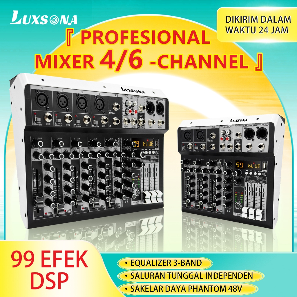 Mixer Audio Profesional 4/6 Channel 99DSP Efek Mixing Audio Amplifier Mini Murah Bluetooth USB dan P