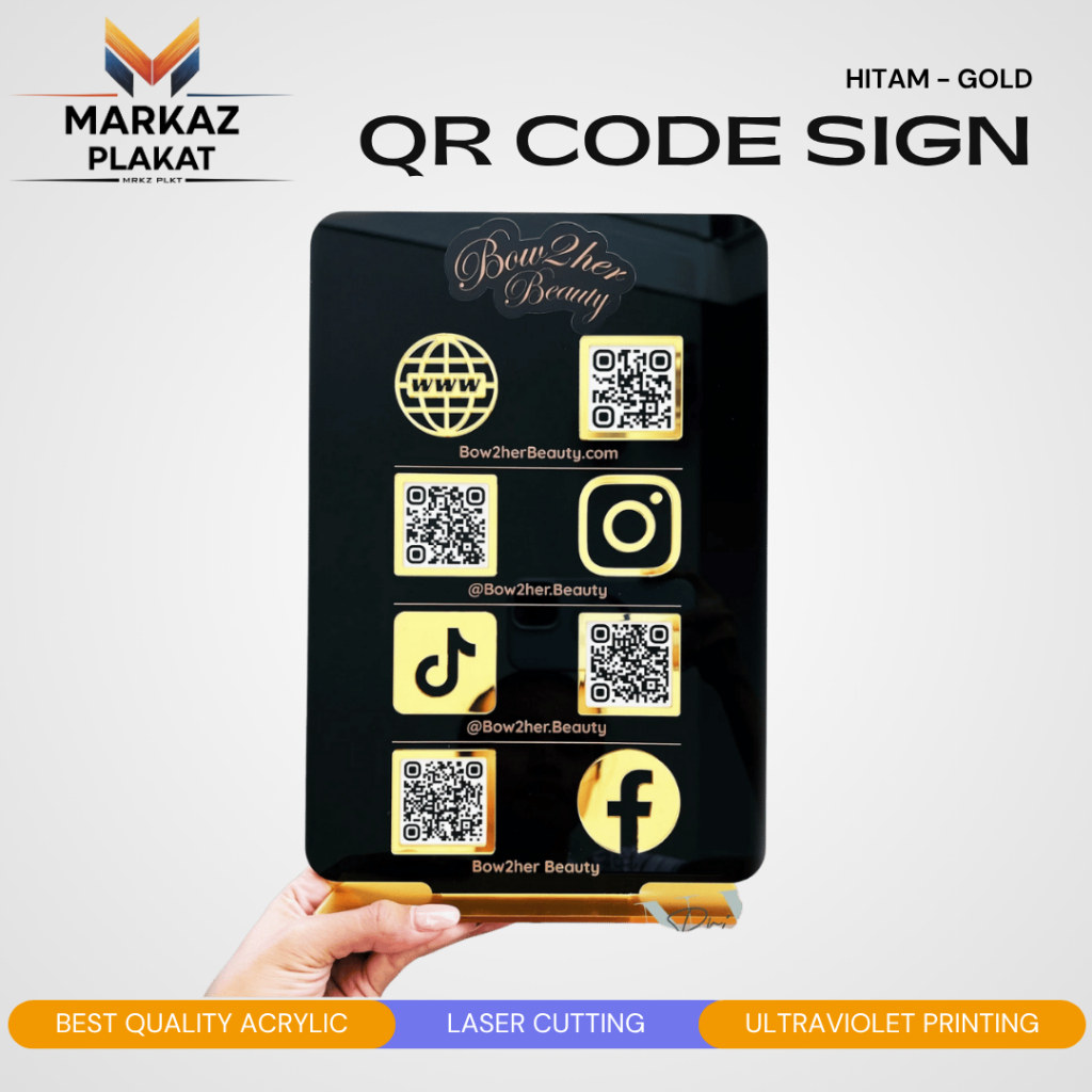 Akrilik QR Code Sign HITAM GOLD - Social Media Business Sign Acrylic  - QR Code Sign Akrilik Premium