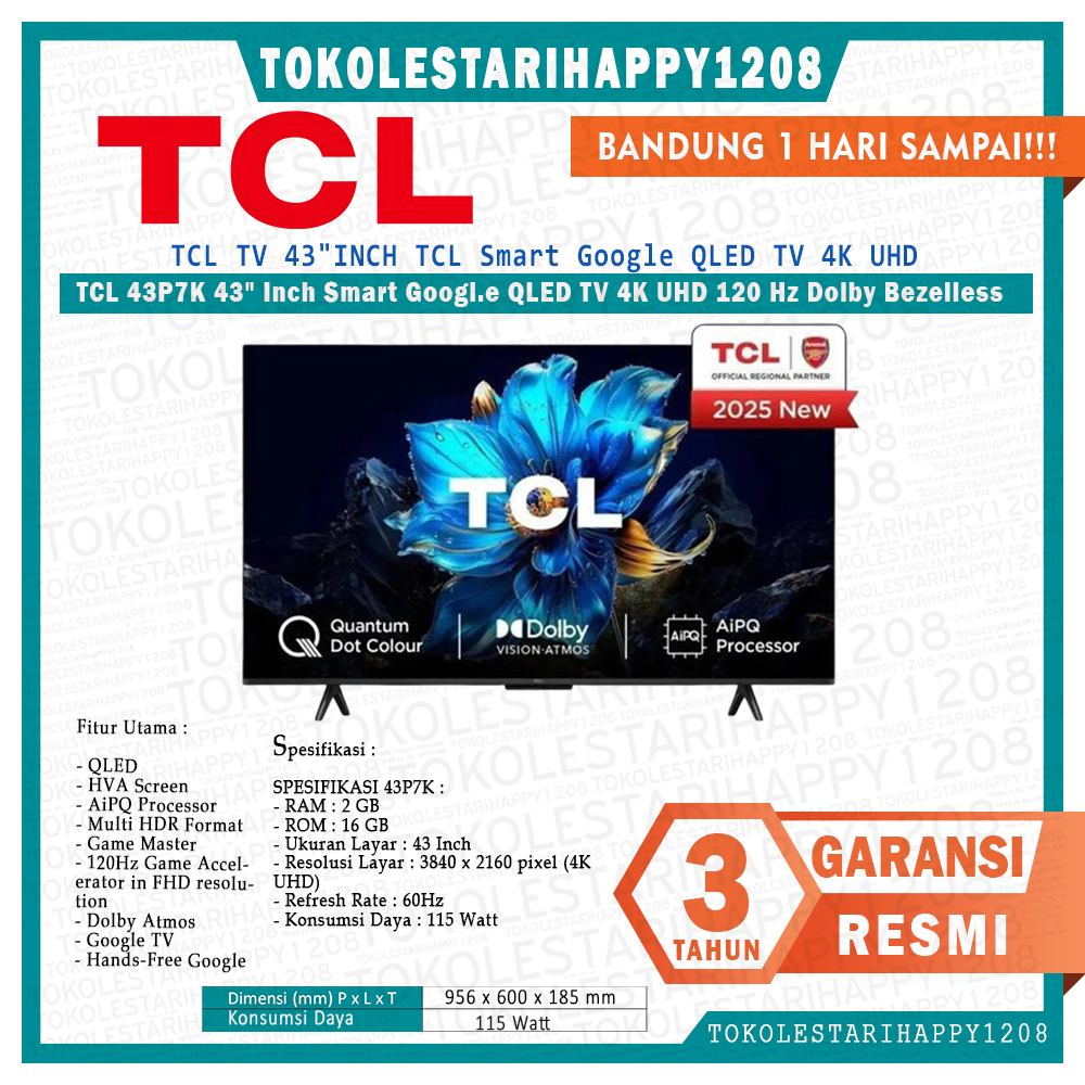 TCL 43- 75 Inch P7K QLED Direct LED TV 4K HDR Smart TV 43P7K GARANSI RESMI