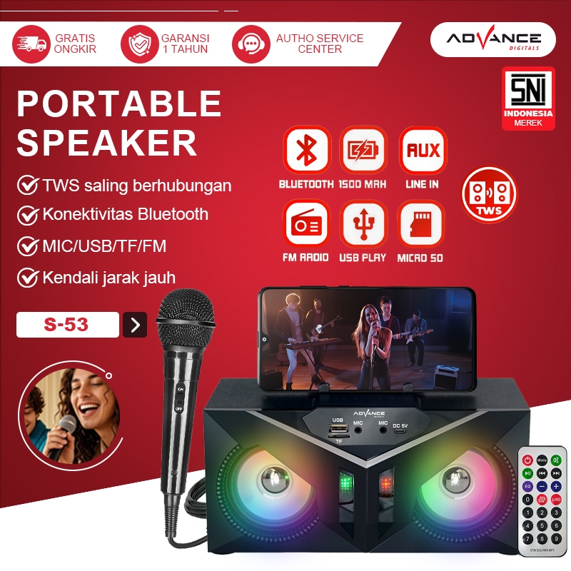 Advance salon aktif bluetooth full bass S-53 speaker bluetooth bass FREE mic sepeker aktif bluetooth