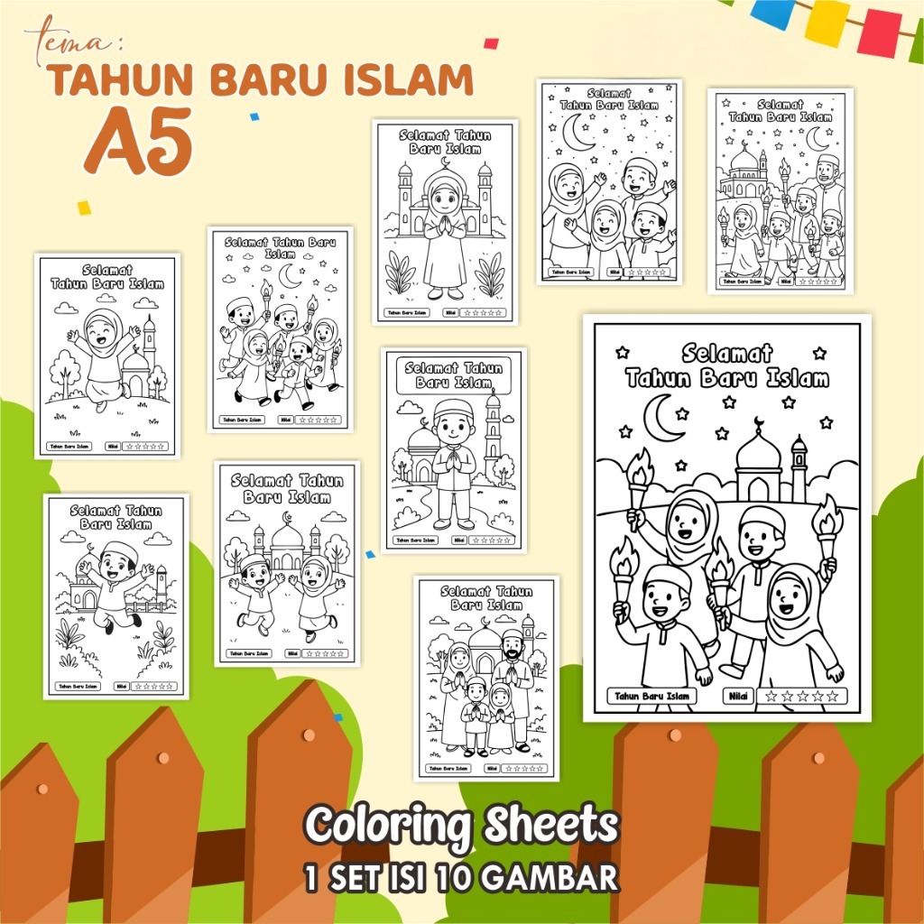

(A5) KERTAS MEWARNAI ANAK - COLORING SHEETS KODE TAHUN BARU ISLAM - LEMBAR MEWARNAI ANAK PAUD/TK/SD