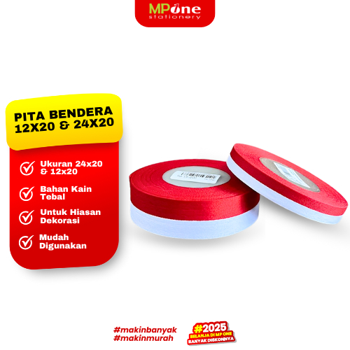 

(1 ROLL) Pita Bendera Merah Putih 12mm & 24mm / Pita Kain Merah Putih Panjang 20 Meter