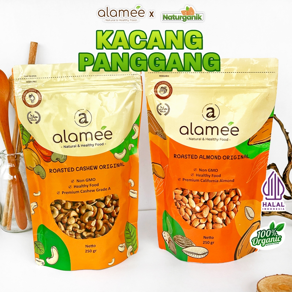 

alamee kacang panggang pouch sedang Premium Roasted Grade A California almond mede walnut Naturganik