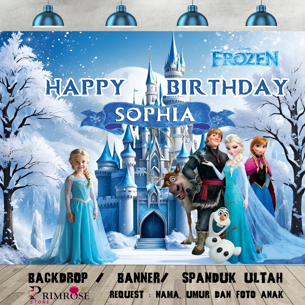 spanduk ulang tahun anak frozen elsa anna salju menara spanduk birthday backdrop