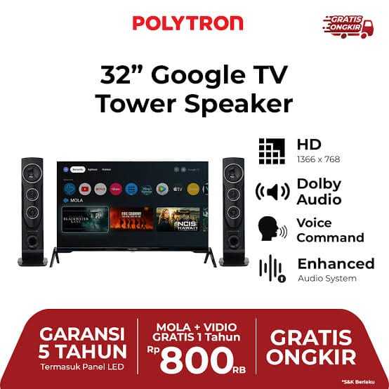 POLYTRON Smart Android Google TV 32 inch PLD 32RG5759 / PLD 32AG5759 / PLD 32TG9055 TOWER GARANSI RE