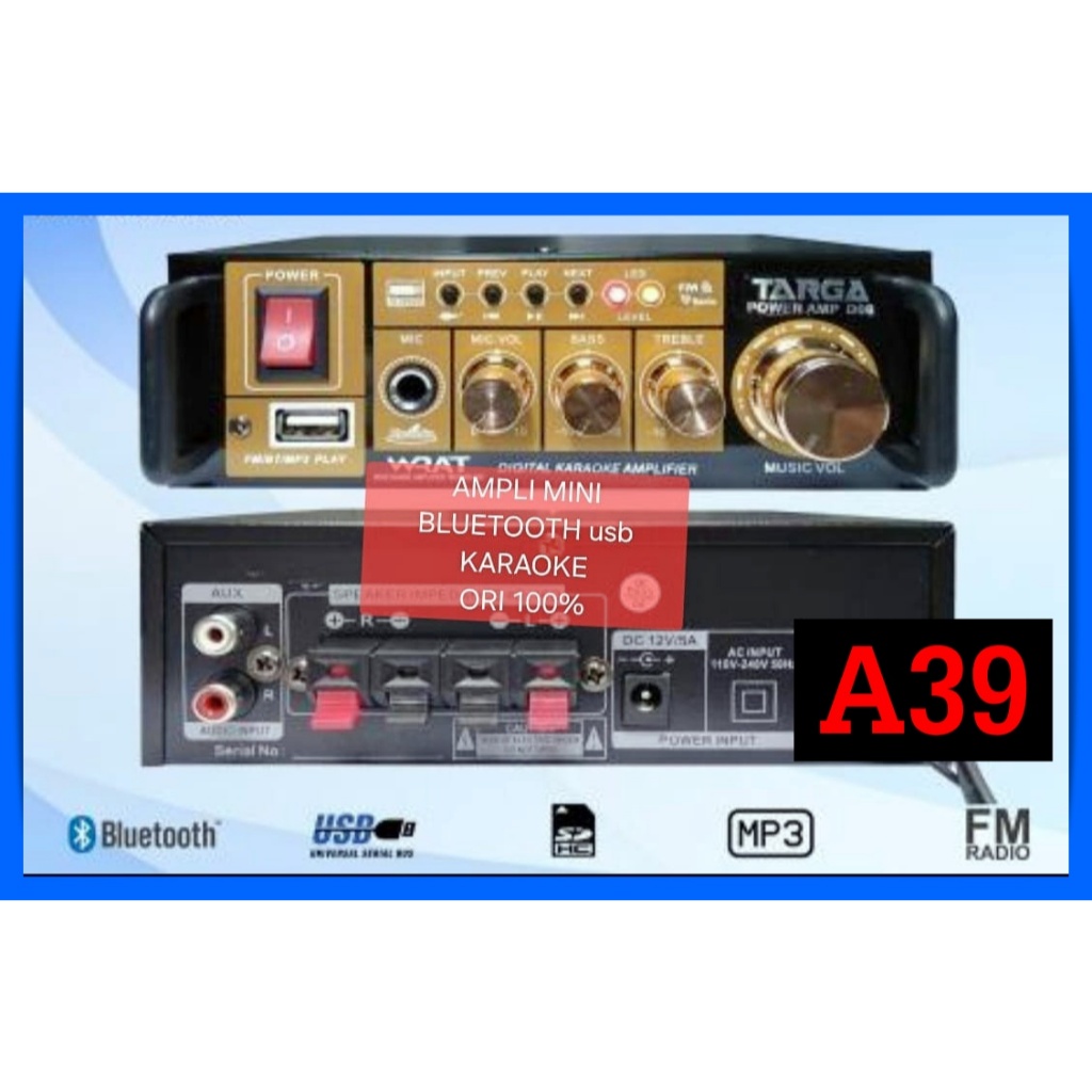 A39 AMPLI MINI BLUETOOTH ORI 100% TARGA TOA POWER AMPLIFIER KARAOKE MOBIL RUMAH AC DC STEREO 2 CHANE