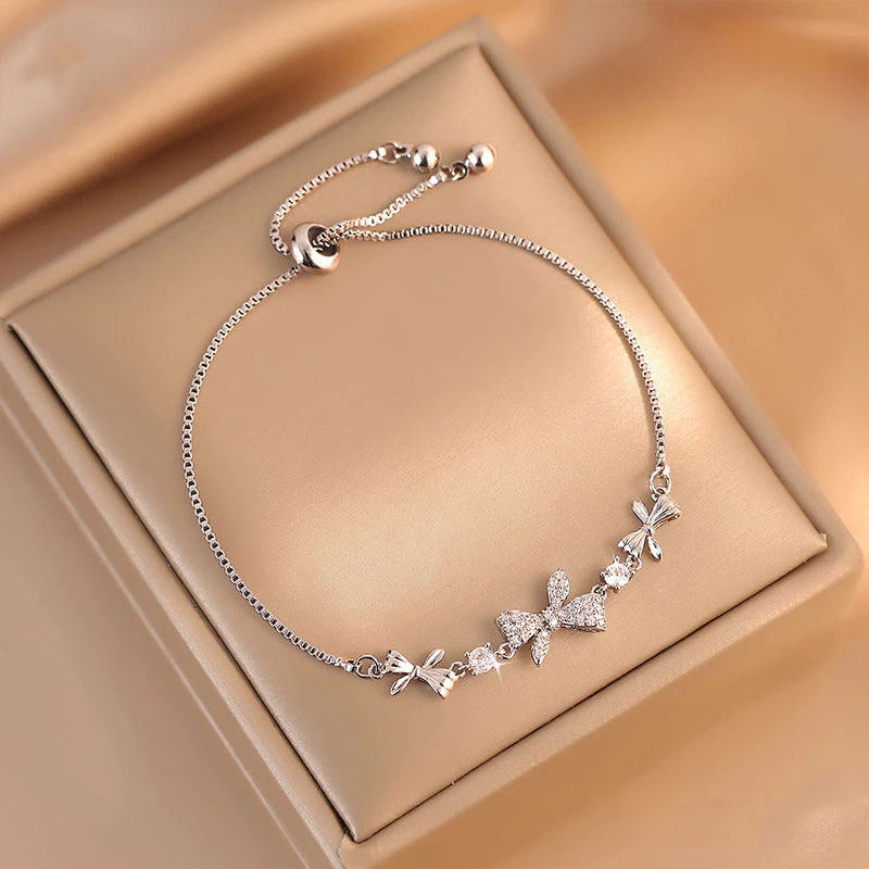 Gelang Titanium Wanita Cewek Perak Berlian Butterfly Knot Korea Aesthetic Aksesoris Kupu-kupu Simpul