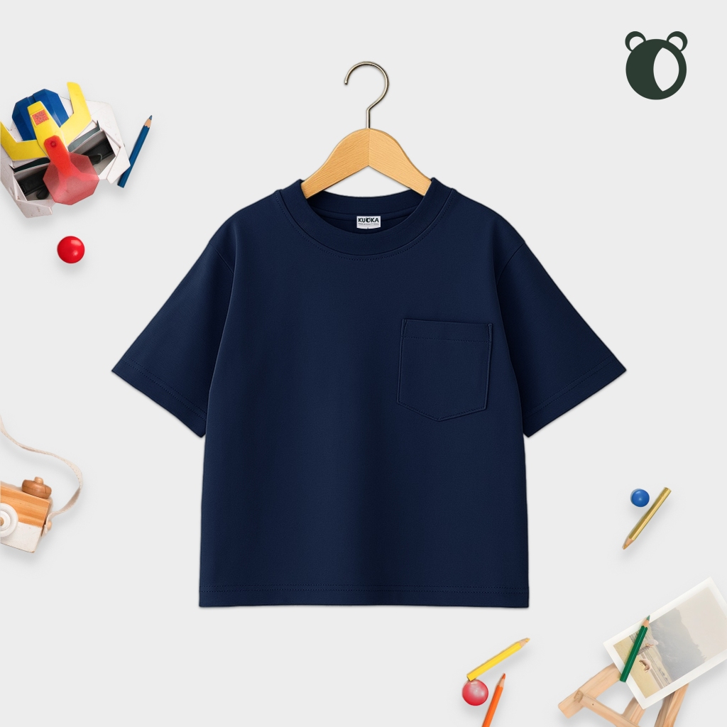 KUOKABASIC Kaos POCKET Anak - Navy | Baju Pocket Anak Unisex Kaos Oversize Anak Kaos Polos Anak 24s