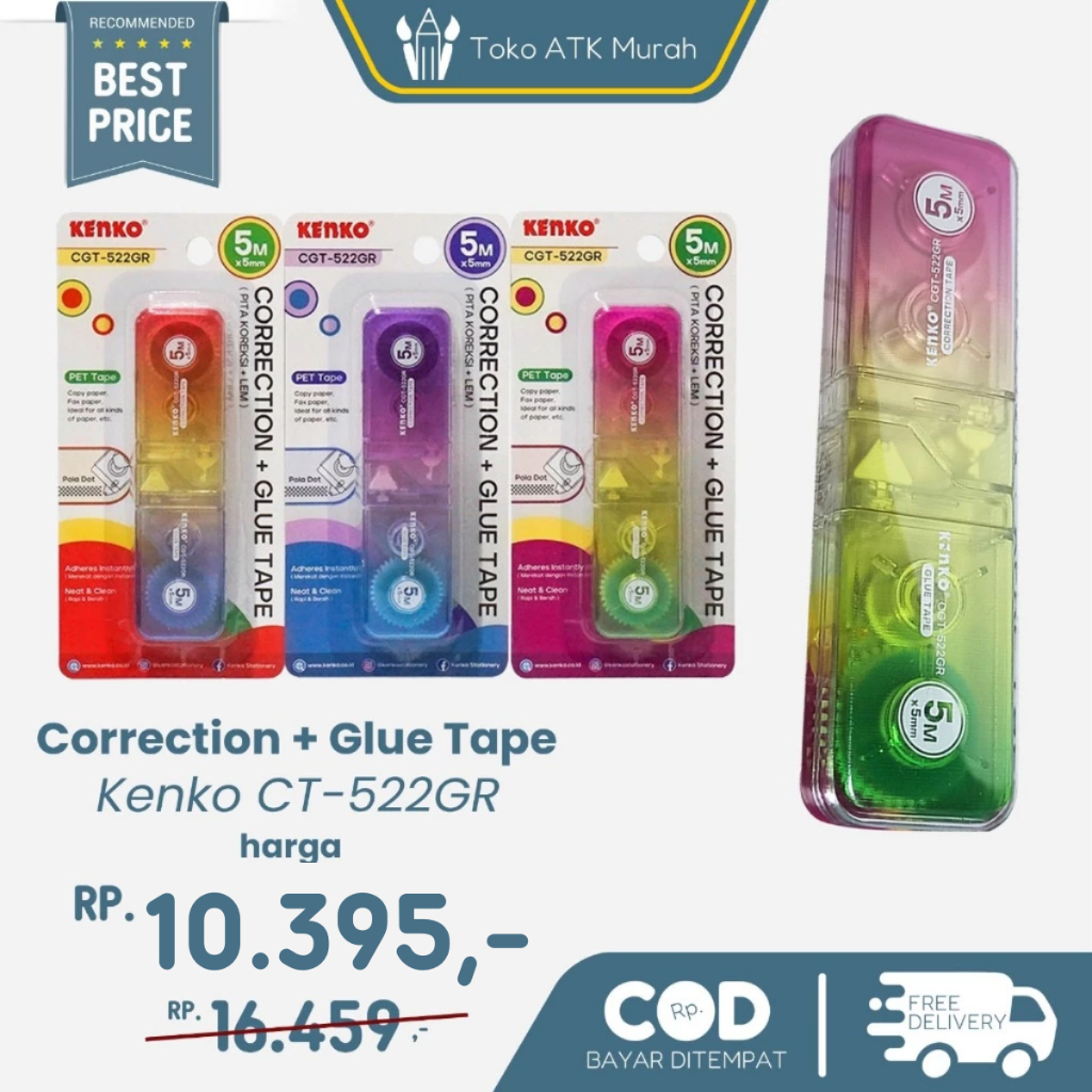

Correction + Glue Tape CT-522GR Kenko Pet Tipe X dan Lem Roll 2 Sisi