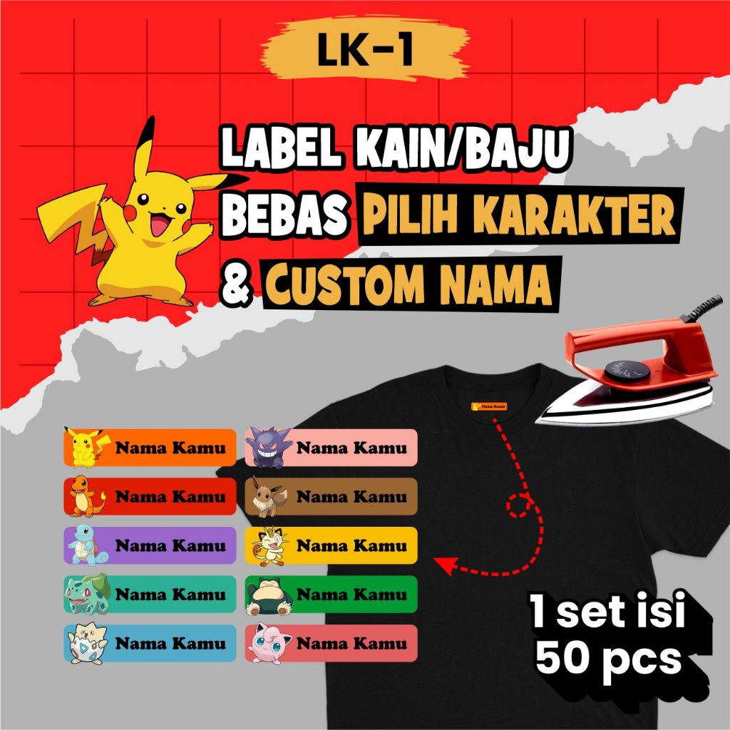 

Label Kain Stiker Baju Karakter Game Pokemon isi 50 Pcs Bisa Custom Nama LK1