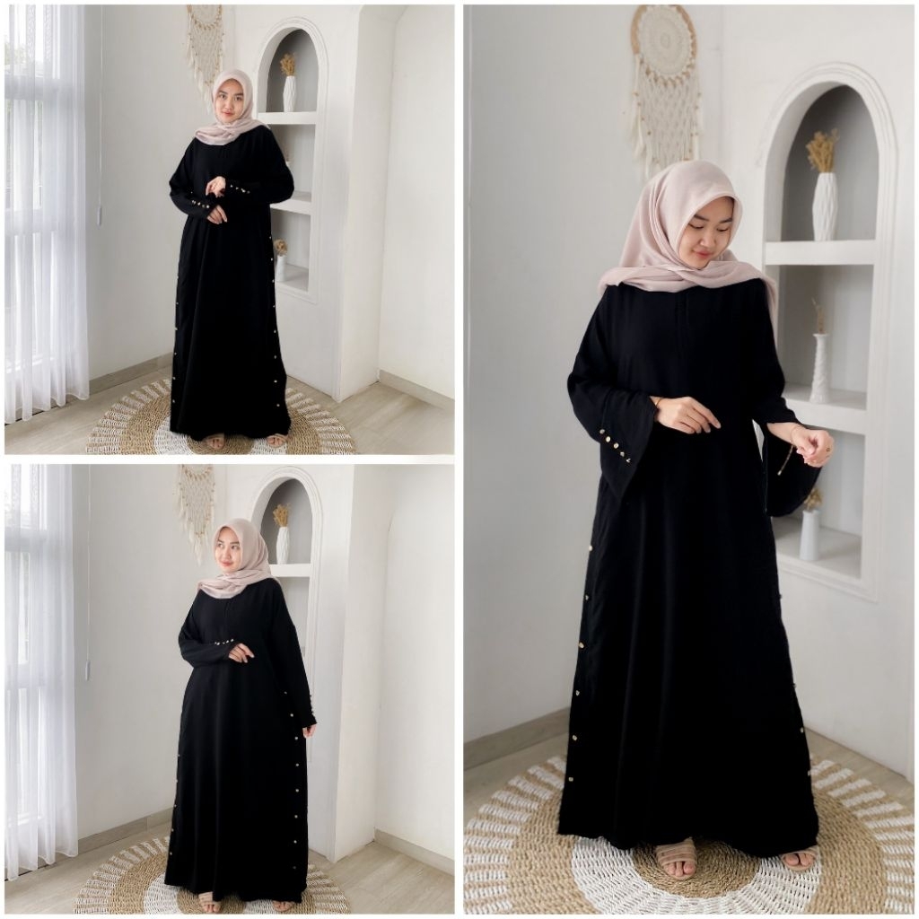 Aisha Abaya Dress Kancing Emas Gamis Hitam Polos | Pakaian Muslimah Wanita Syari Casual Elegant |  G