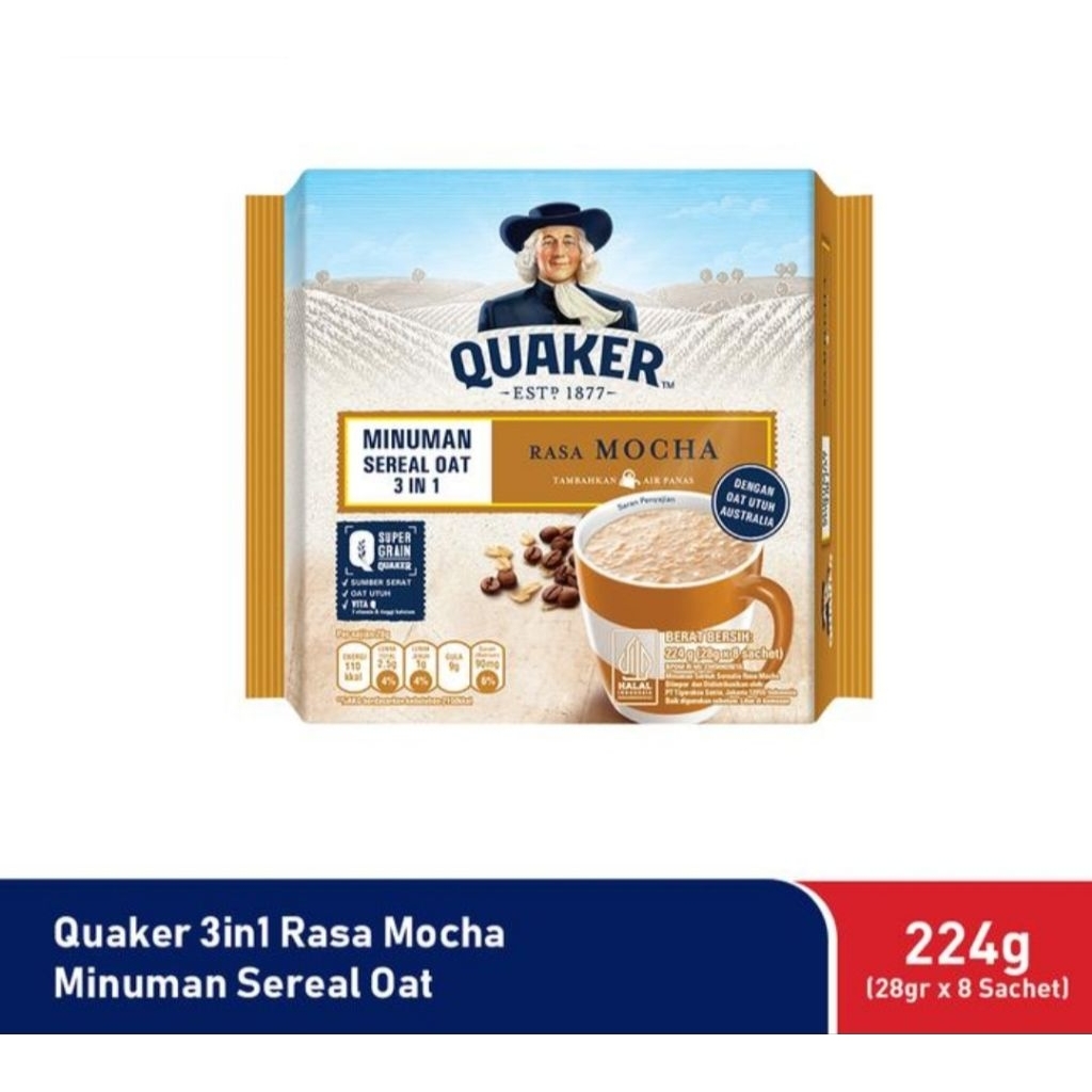 

Quaker Minuman Sereal Oat 3 in 1 Rasa Mocha 224 Gr (Isi 8 Sachet)