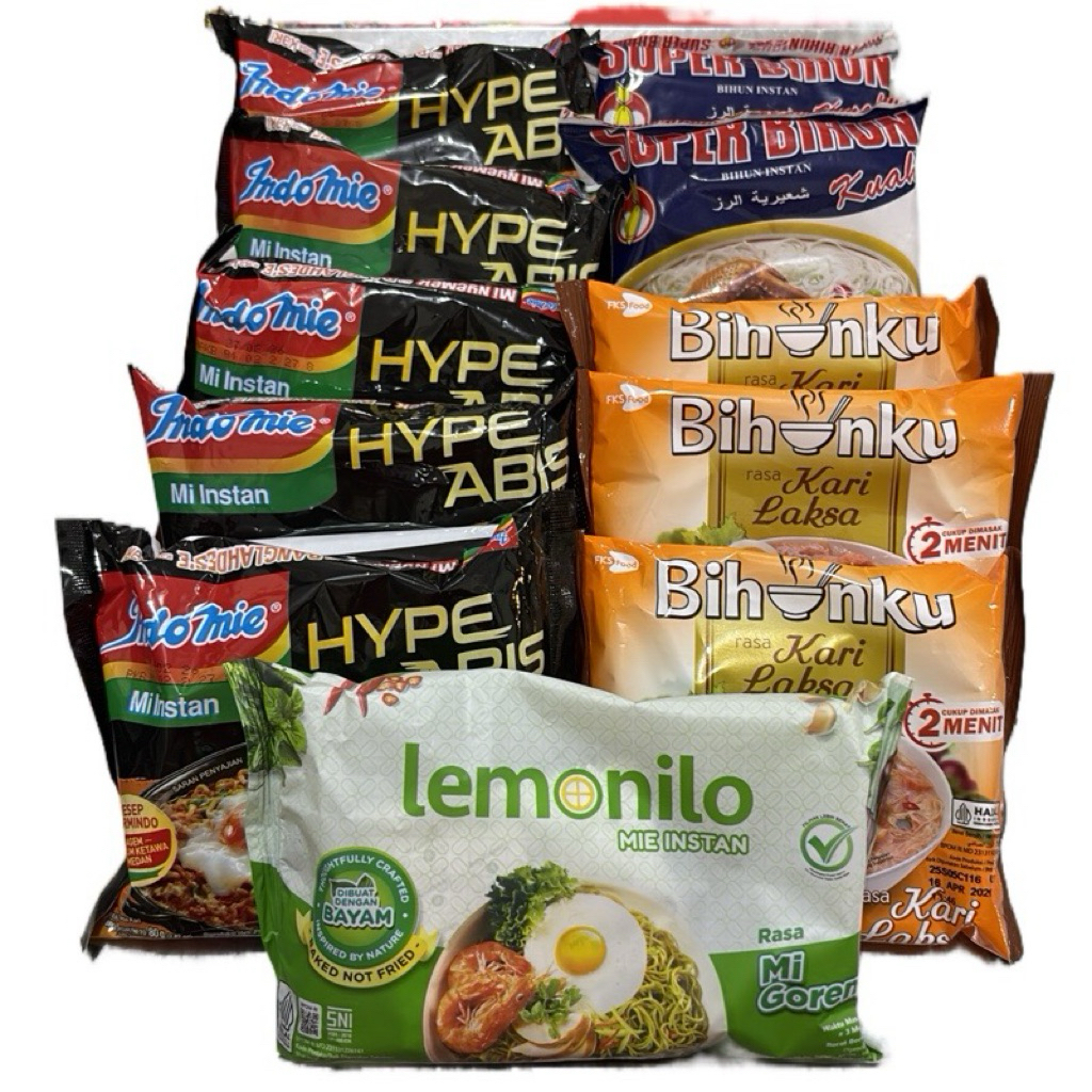

(C4) Combo Hemat 5bks Indomie Bangladesh , 2bks Super bihun, 3bks Bihunku Kari Laksa, 1bks Lemonilo