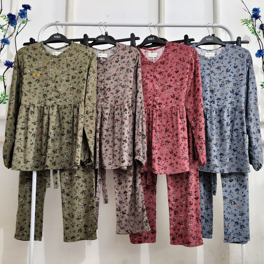 Daster Rayon Premium Lengan panjang motif bunga baju one sett atasan dan bawahan wanita
