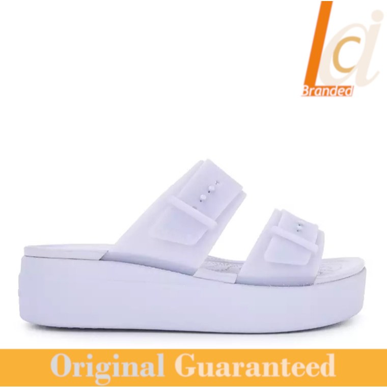 Sandal Wedges Wanita Original Crocs Brooklyn Buckle Frosted Low Wedge - Purple Moon