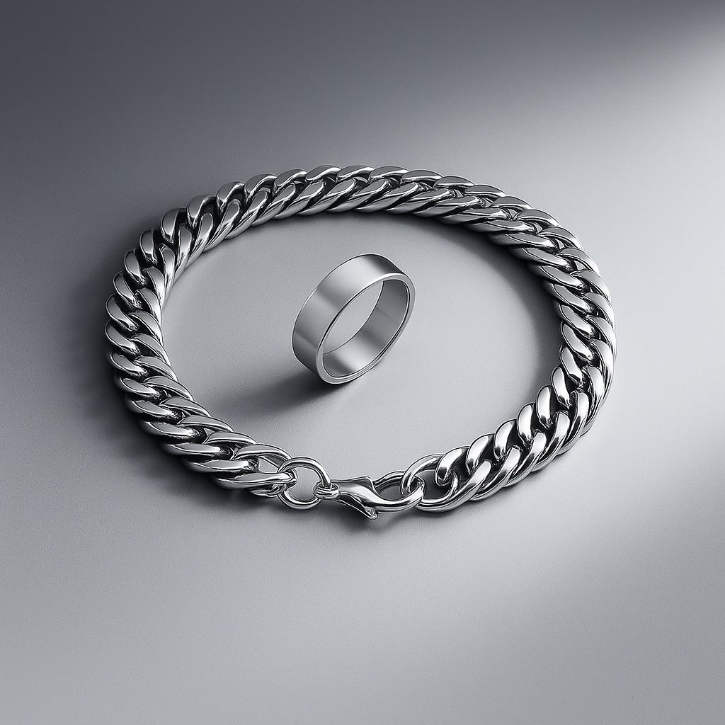 Satu Paket Gelang Rantai Titanum Dan Cincin Model Model Punk Pria Dan Wanita Gelang + Cincin Titaniu