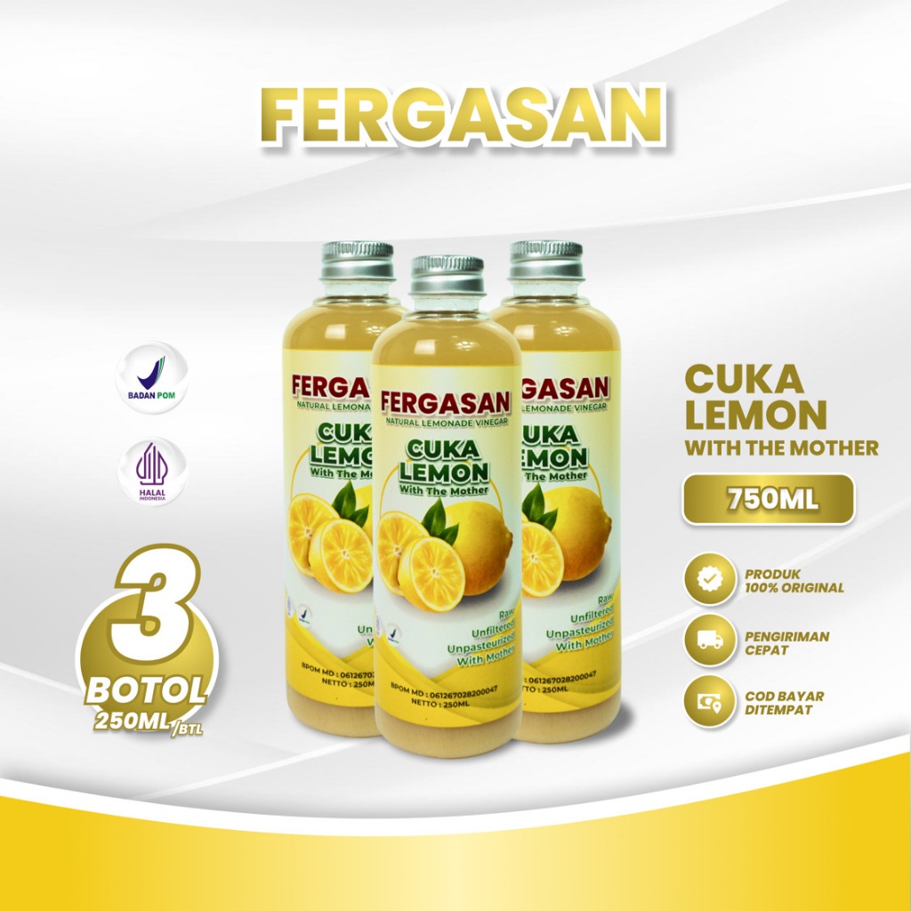 

FERGASAN Cuka Lemon Alami 250 Ml Peket 3 Botol - Cuka Lemon Murni Alami Organik 100% Original