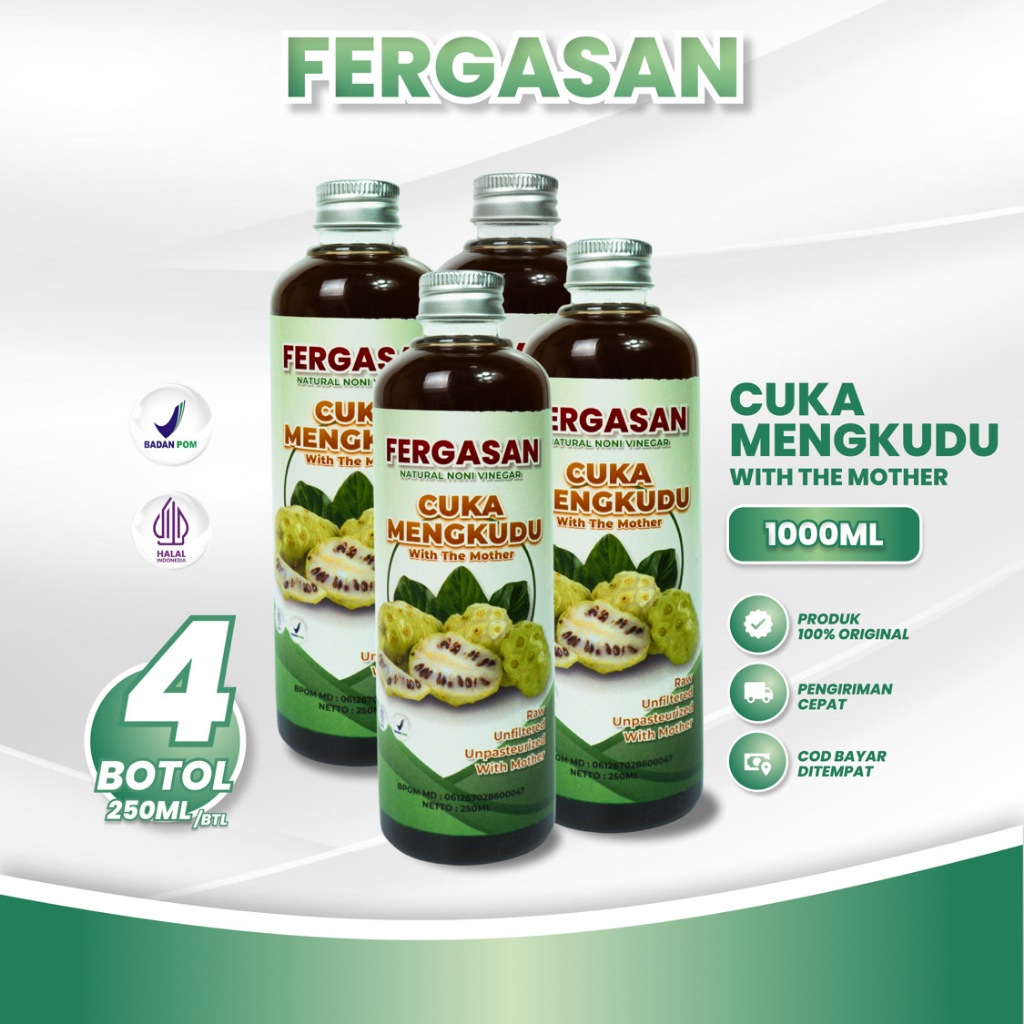 

FERGASAN Cuka Mengkudu Alami 250 Ml Paket 4 Botol - Cuka Mengkudu Murni 100% Original