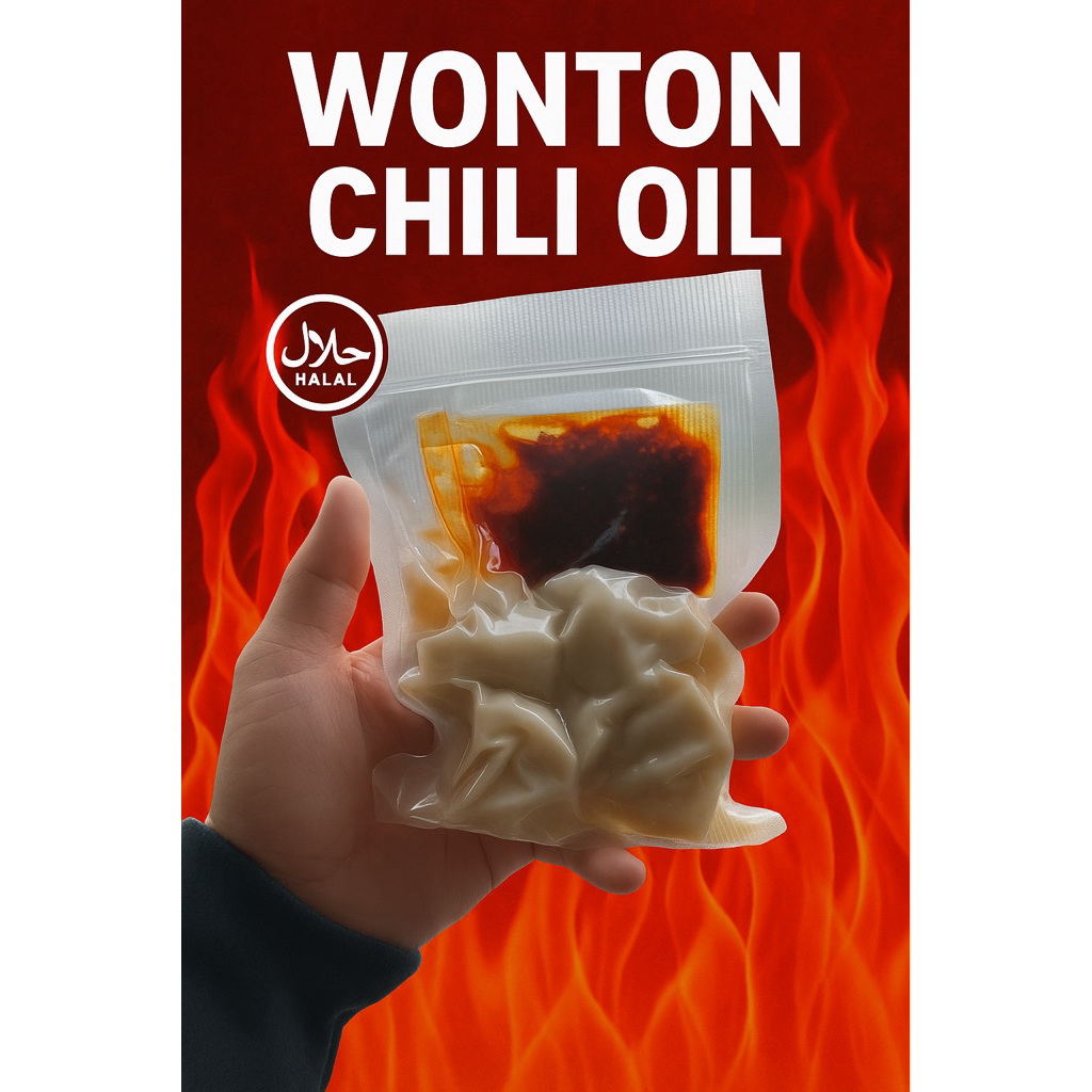 

wonton ayam chili oil frozen halal- full ayam isi 5 pcs , pedas gurih Instan Spicy Makanan Food