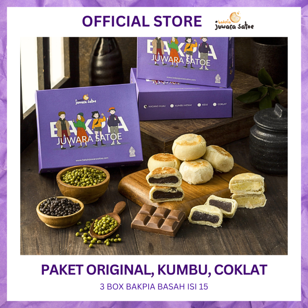

BAKPIA JUWARA SATOE [ 3 Box ] Paket Bakpia Basah Mix (Original, Kumbu, Coklat) - Khas Jogja