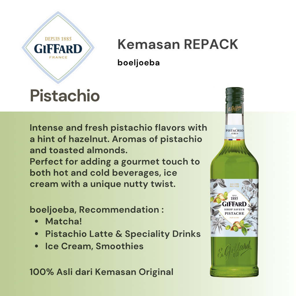 

Giffard Pistachio Syrup Repack [30, 50, 100] g / Perfect for Pistachio Latte!
