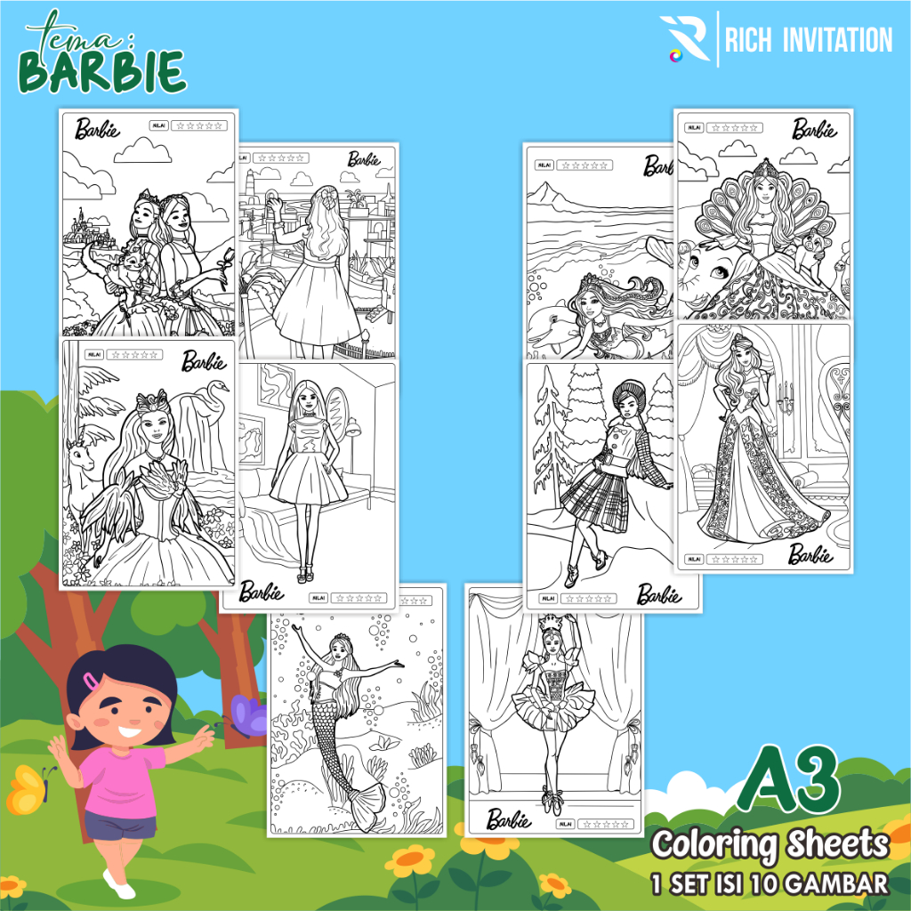 

(A3) KERTAS MEWARNAI ANAK - KERTAS COLORING ANAK PAUD TK - TEMA BARBIE