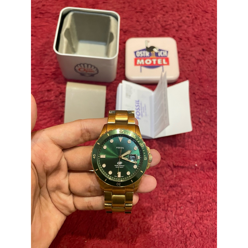 Jam Tangan Pria Fossil Three-Hand FB-01 FS5658 Green Dial Gold Stainless Steel Strap Gold Original 1