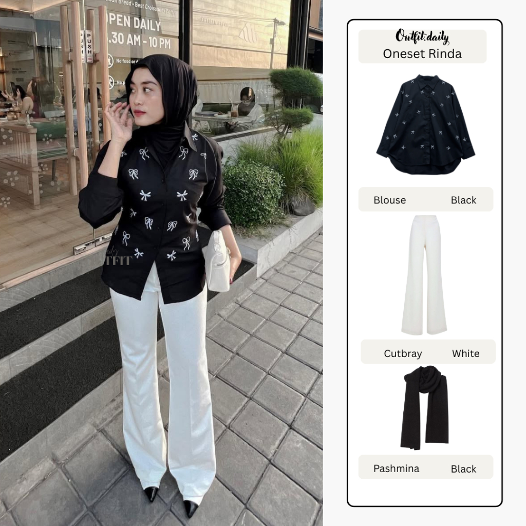 Outfit Wanita Kekinian ( Blouse Pita + Celana Kulot + Pashmina ) One set OOTD Casual - Rinda