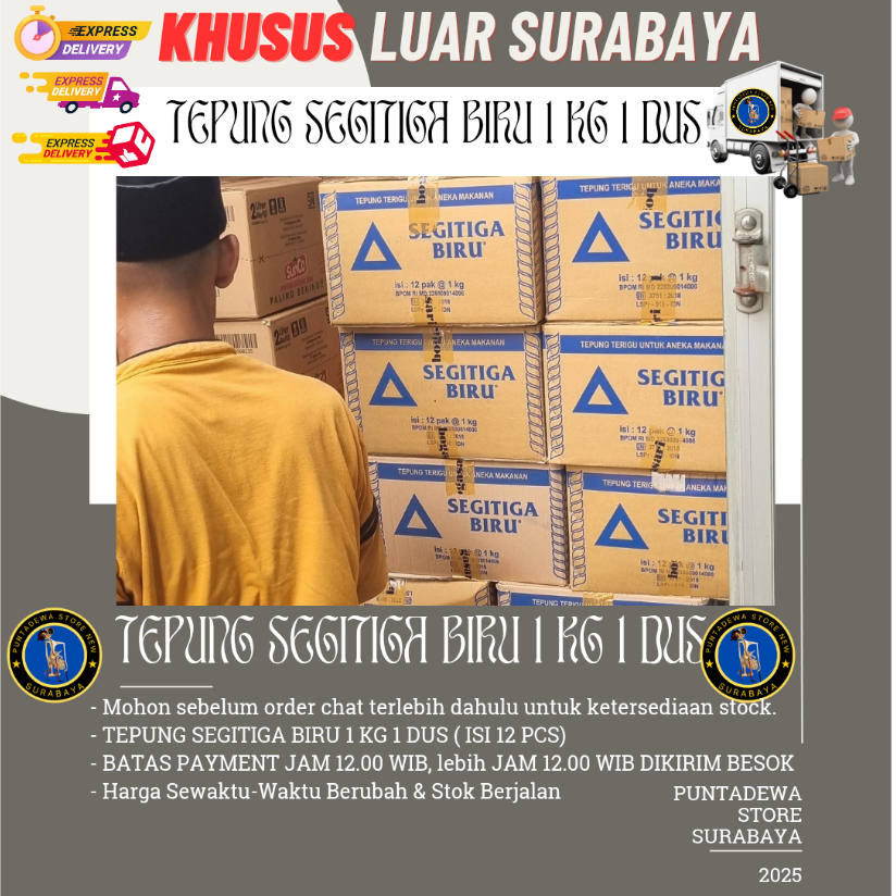

Tepung Segitiga Biru 1 kg 1 dus (isi 12 Pcs) Khusus LUAR SURABAYA