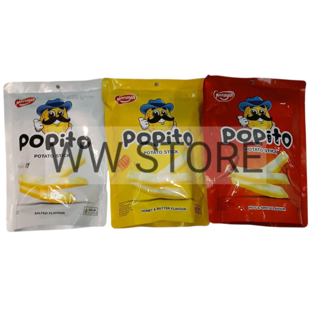 

Cemilan snek makanan ringan keripik kripik kentang rasa asin mentega madu pedas halal MUI Naraya Popito SALTED / HONEY & BUTTER / HOT & SPICY FLAVOUR Potato Stick 100g ( 5pcs x 20g )
