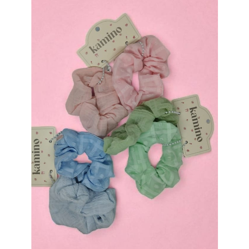 Kuncir Rambut Scrunchie Kamino Motif Garis 2pcs | Bahan Crinkle Semi Transparan Warna Soft