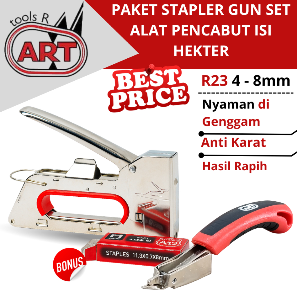 

PAKET Staples Gun Tembak Hekter Jilid Jok Kardus 4-8mm SET Alat Pencabut ISI Stapler Gun Trecker