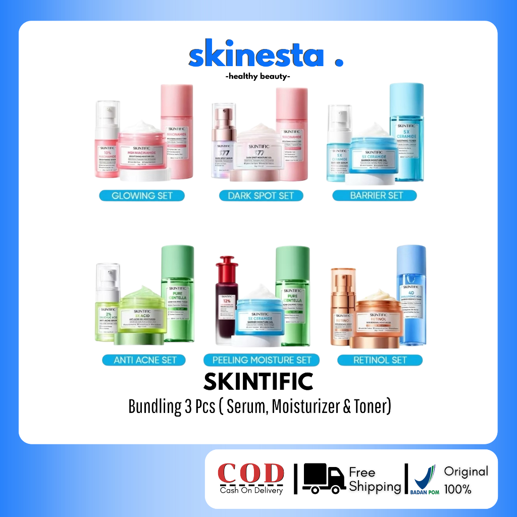 SKINTIFIC - 3pcs Paket - Skincare Set | Bundling 3in1 | Serum Moisturizer Gel Toner Sunscreen Cleans
