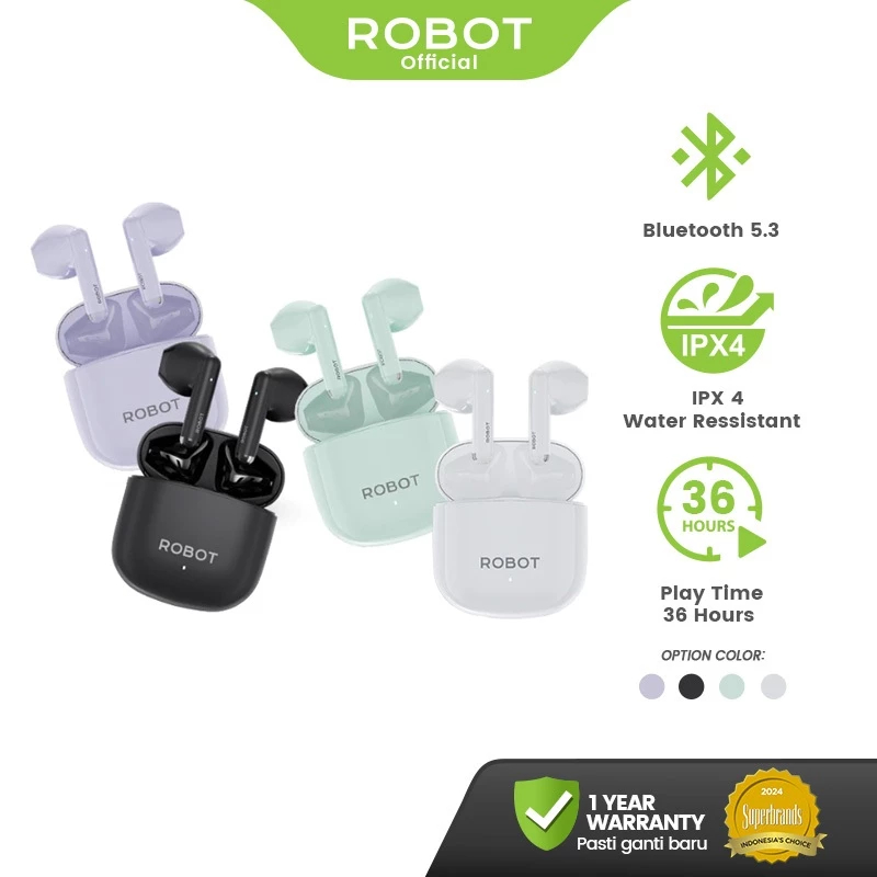 Earphone ROBOT T60 TWS Bluetooth 5.3 Mini Wireless 36 Hours Playtime IPX4 Tahan Air – Original Resmi