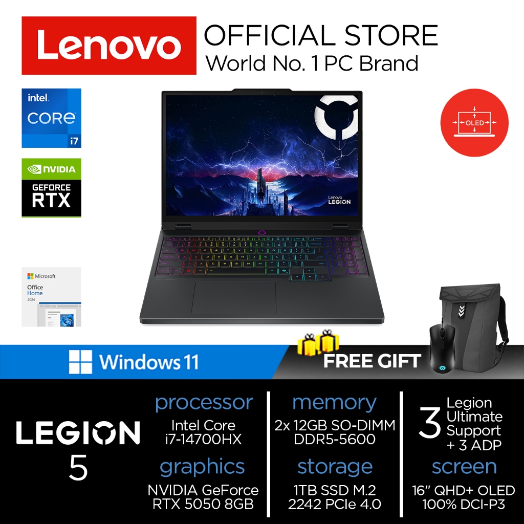Lenovo Legion 5i 15IRX10 RTX5050 | i7 14700HX 24GB 512GB RTX5050 15.1 WQXGA 165HZ W11+OHS+M365B